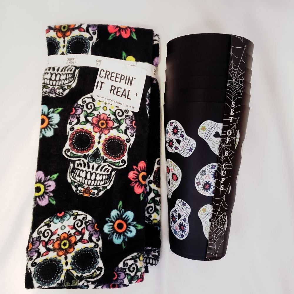 Sugar Skull Cups (6) & Kitchen Hand Towels (2)